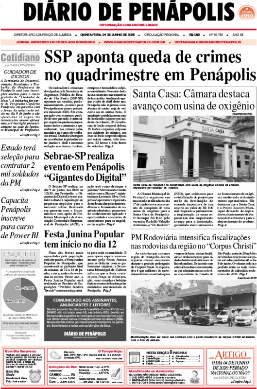 Capa do jornal DIÁRIO impresso desta quinta-feira (04)