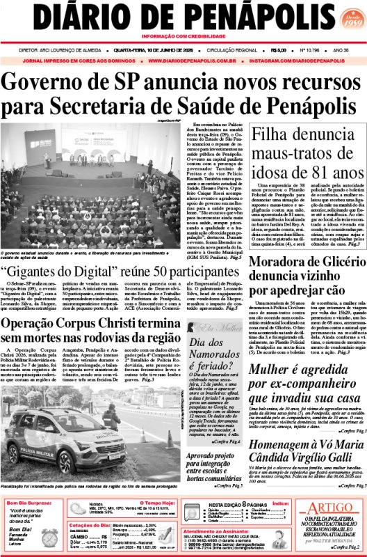 Capa do jornal DIÁRIO impresso desta quarta-feira (10)