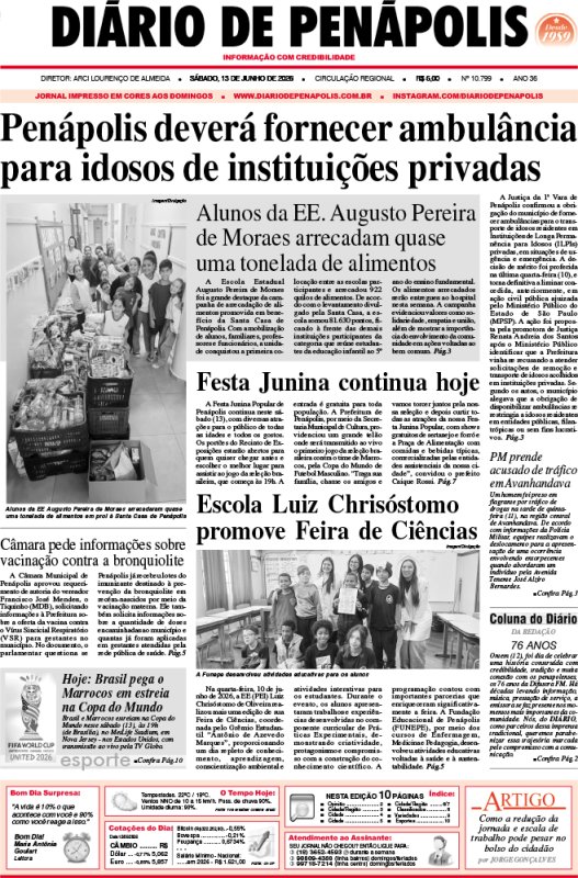 Capa do jornal DIÁRIO impresso deste sábado (13)
