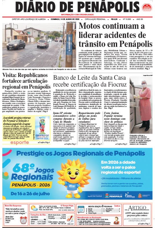 Capa do jornal DIÁRIO impresso deste domingo (14)