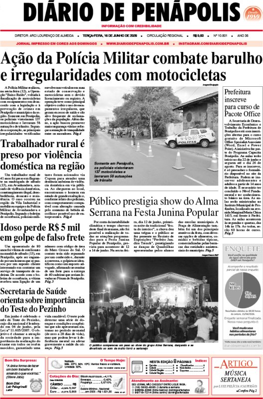 Capa do jornal DIÁRIO impresso desta terça-feira (16)