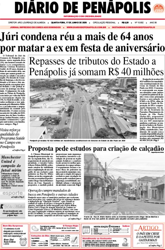 Capa do jornal DIÁRIO impresso desta quarta-feira (17)