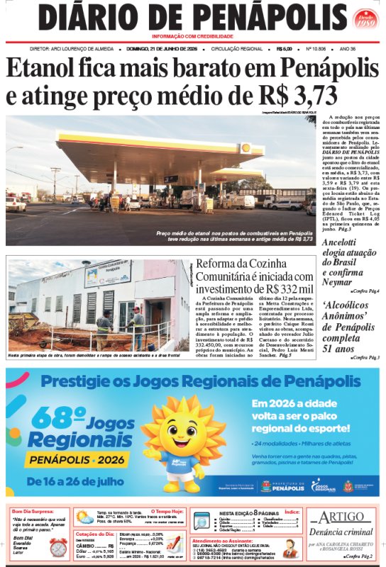Capa do jornal DIÁRIO impresso deste domingo (21)