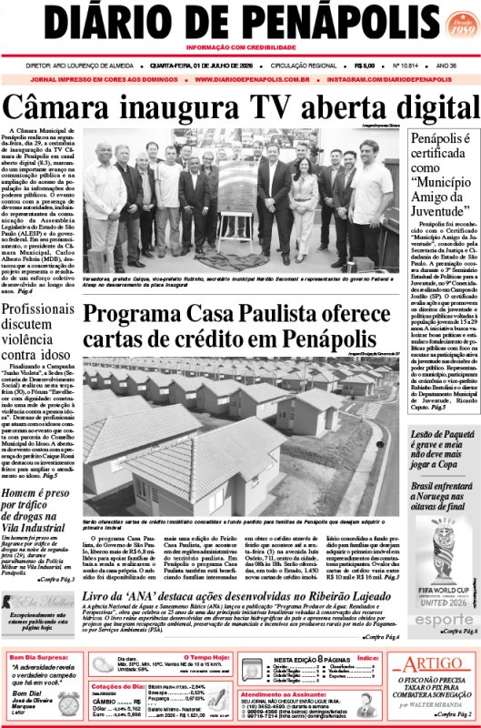 Capa do jornal DIÁRIO impresso desta quarta-feira (01)