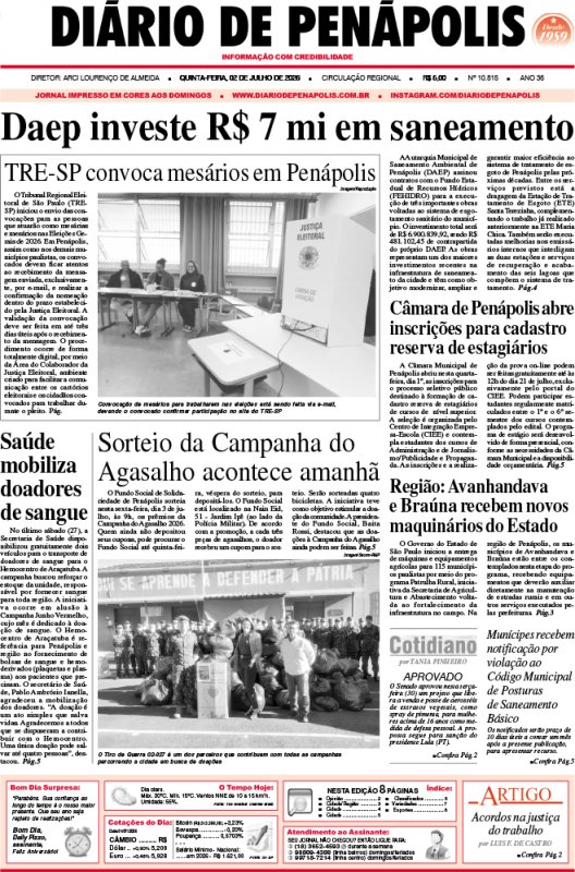 Capa do jornal DIÁRIO impresso desta quinta-feira (02)