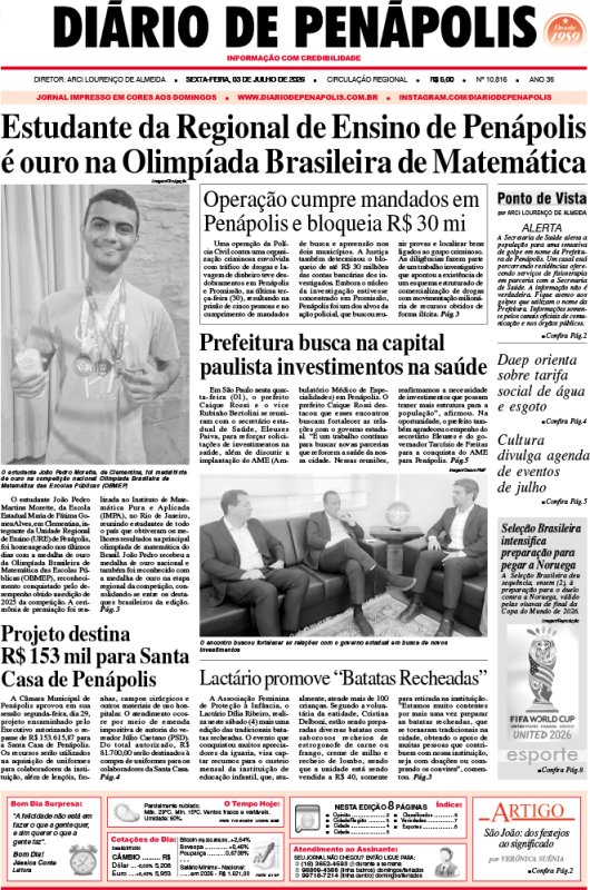 Capa do jornal DIÁRIO impresso desta sexta-feira (03)