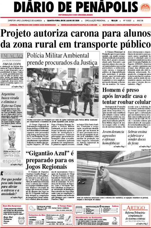 Capa do jornal DIÁRIO impresso desta quarta-feira (08)
