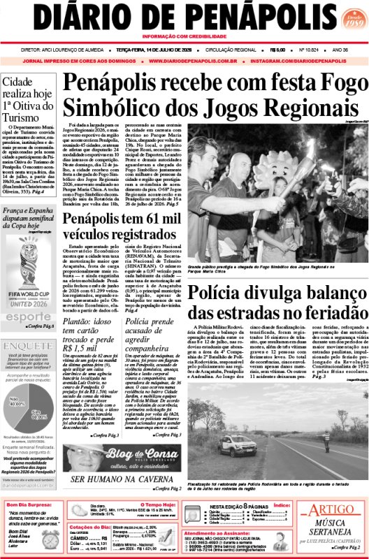 Capa do jornal DIÁRIO impresso desta terça-feira (14)