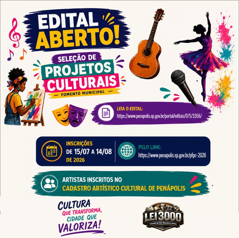 Penápolis abre inscrições para projetos culturais com investimento total de até R$ 120 mil