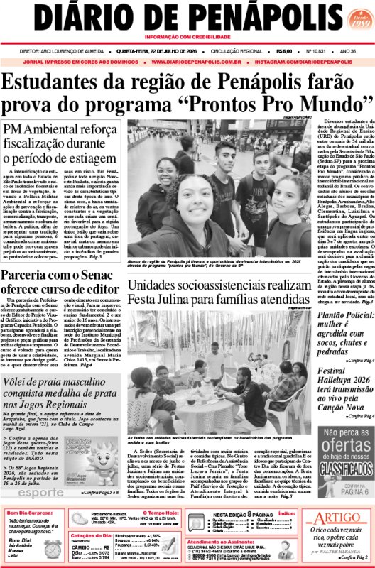 Capa do jornal DIÁRIO impresso desta quarta-feira (22)