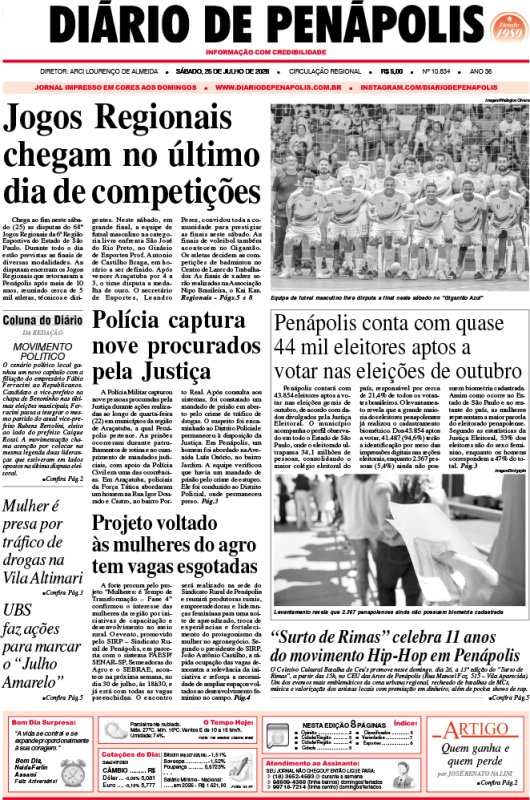 Capa do jornal DIÁRIO impresso deste sábado (25)
