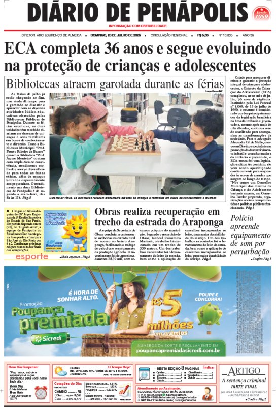 Capa do jornal DIÁRIO impresso deste domingo (26)