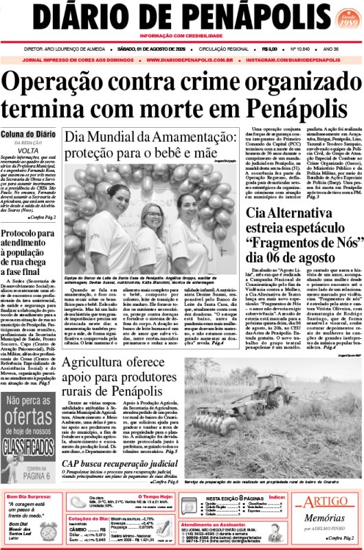 Capa do jornal DIÁRIO impresso deste sábado (01)