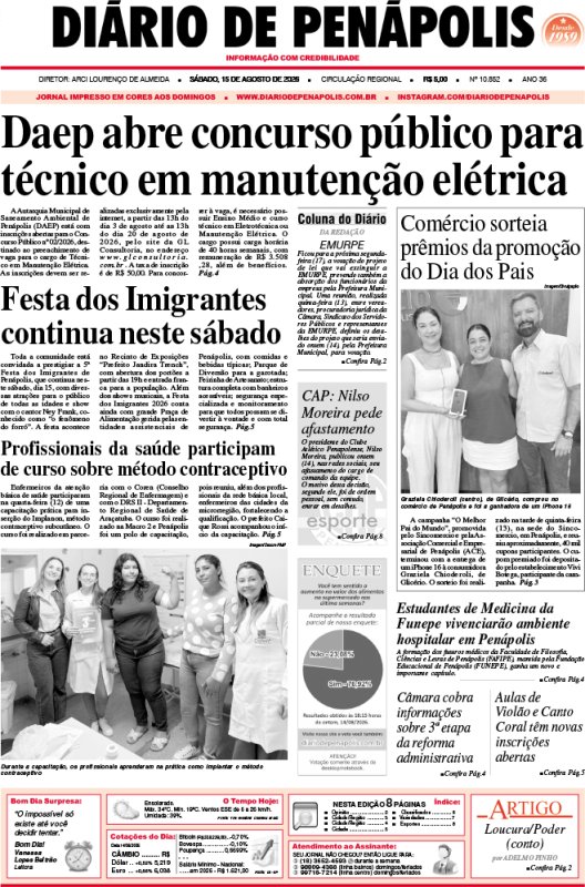 Capa do jornal DIÁRIO impresso deste sábado (15)