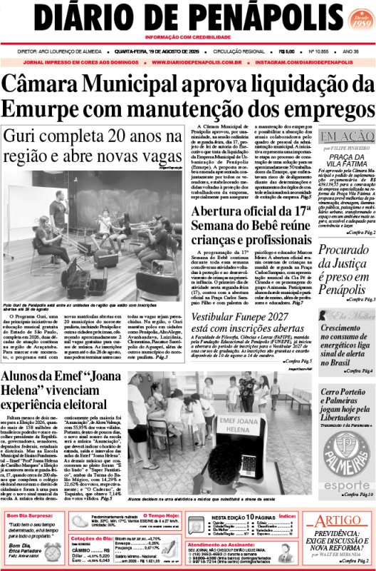 Capa do jornal DIÁRIO impresso desta quarta-feira (19)
