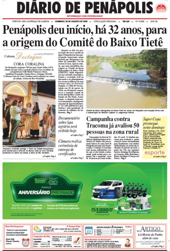 Capa do jornal DIÁRIO impresso deste domingo (30)
