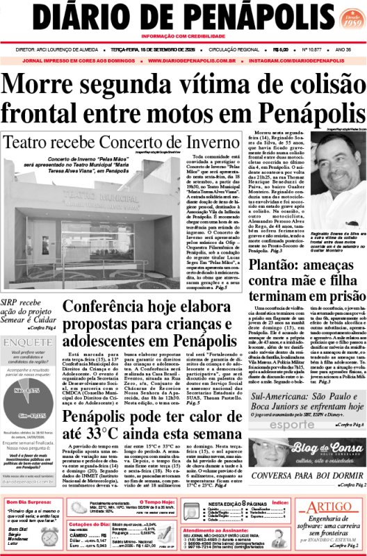 Capa do jornal DIÁRIO impresso desta terça-feira (15)