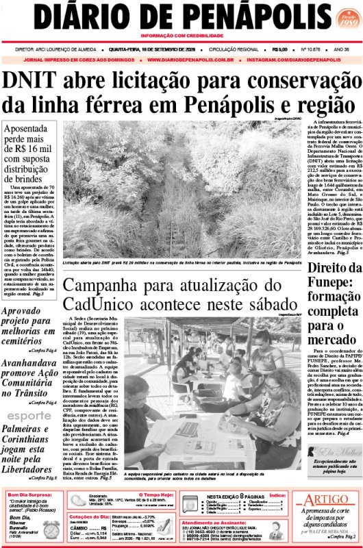 Capa do jornal DIÁRIO impresso desta quarta-feira (16)
