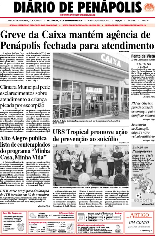 Capa do jornal DIÁRIO impresso desta sexta-feira (18)