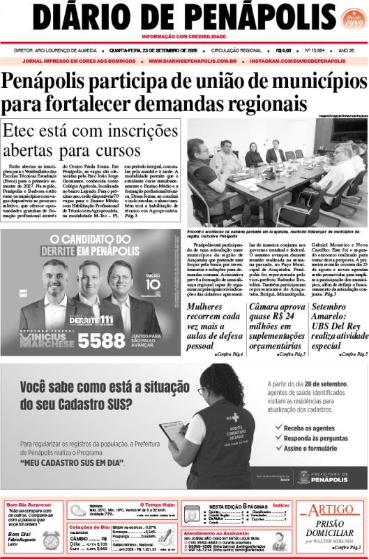 Capa do jornal DIÁRIO impresso desta quarta-feira (23)