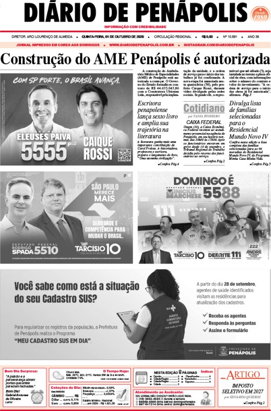Capa do jornal DIÁRIO impresso desta quinta-feira (01)