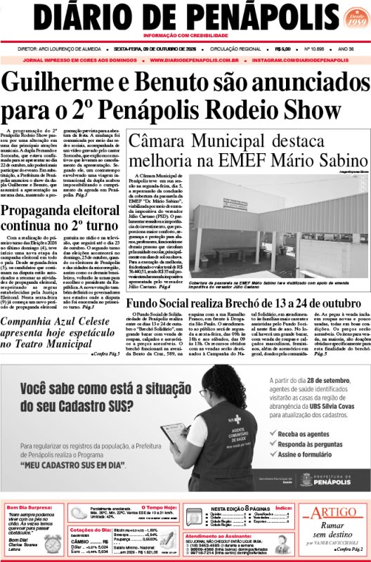 Capa do jornal DIÁRIO impresso desta sexta-feira (09)
