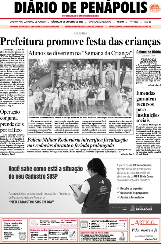 Capa do jornal DIÁRIO impresso deste sábado (10)