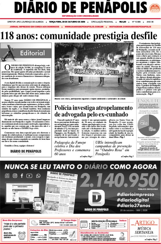 Capa do jornal DIÁRIO impresso desta terça-feira (20)
