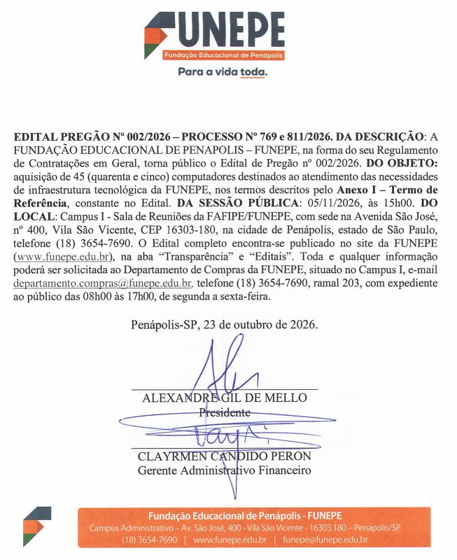 Funepe: Edital Pregão nº 002/2026