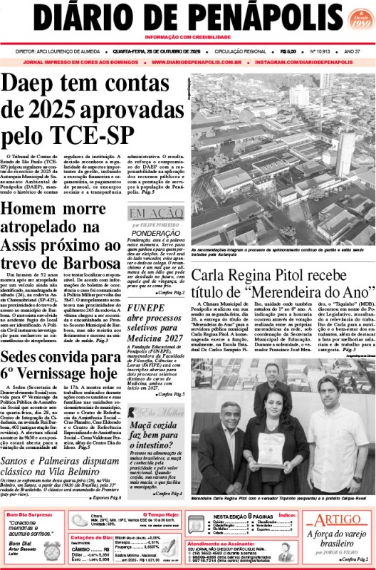 Capa do jornal DIÁRIO impresso desta quarta-feira (28)