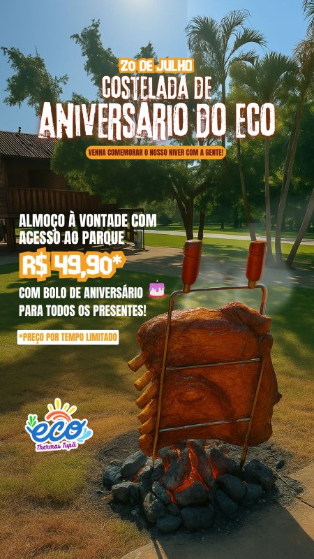 Eco Thermas Tupã celebra 8 anos com costelada especial e programação de férias